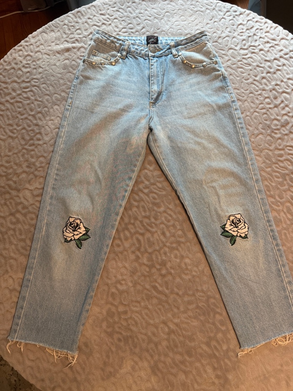 Chorus Light Blue Boyfriend Jeans with Rose Knee Patches